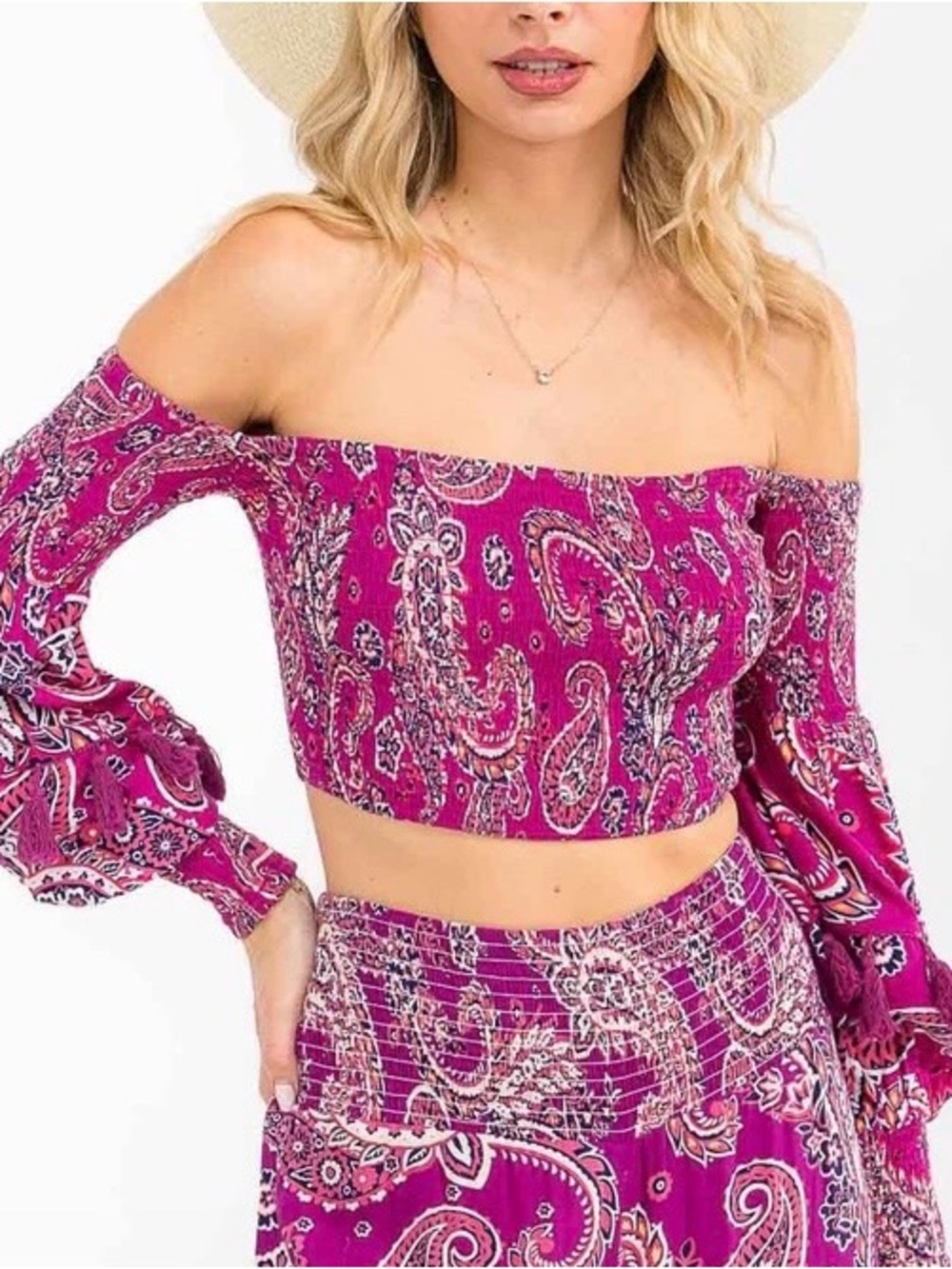 0206.  Off-Shoulder Paisley Crop Top in Magenta